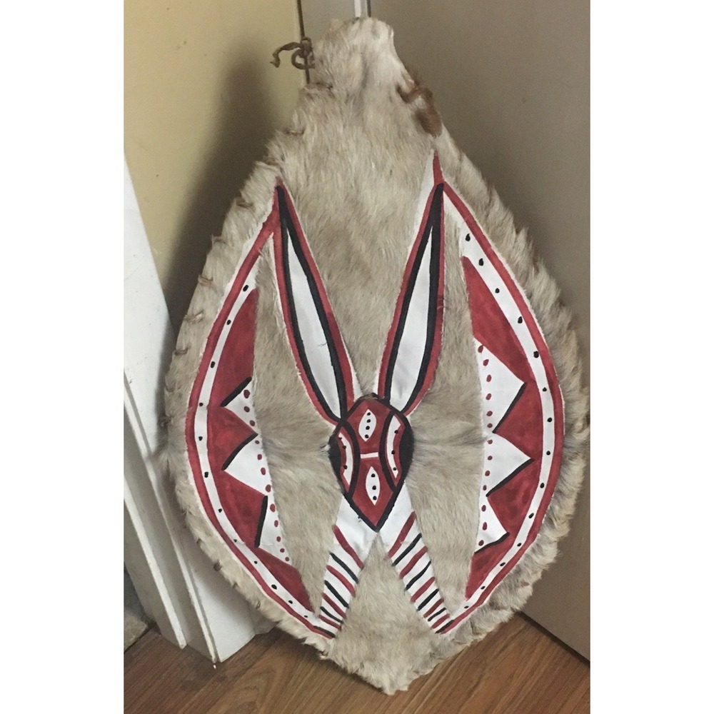 African Maasai Cowhide Shield Tribal Kenya Ethnic Painted Masai 30x16"‎